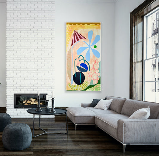 Living room with a gray sectional sofa, round coffee table, and abstract artwork on the wall.