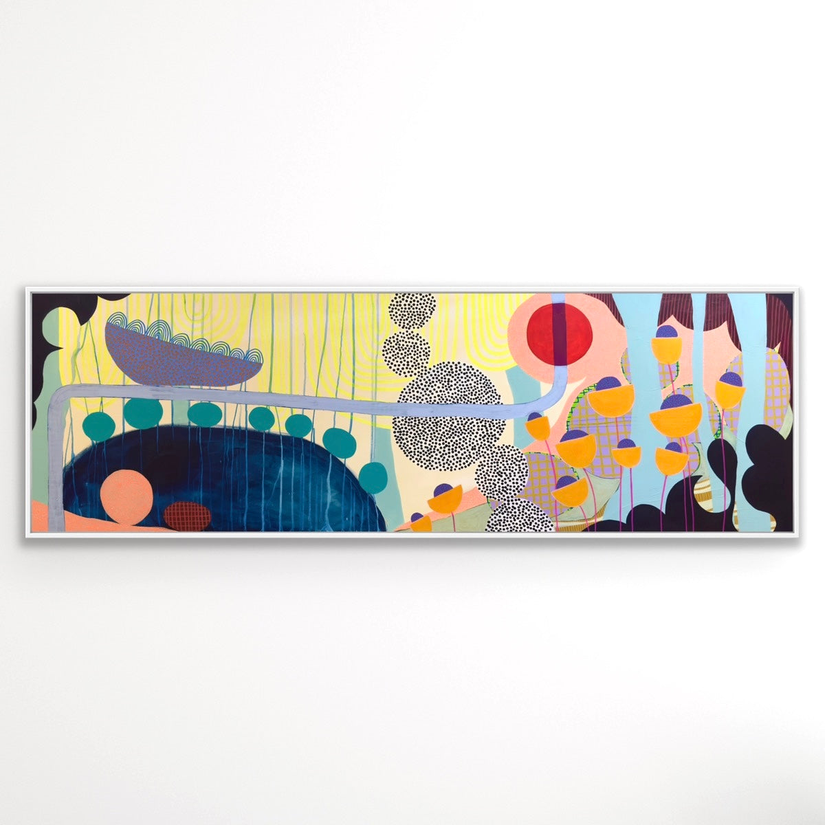 Abstract artwork with colorful shapes and patterns on a white background