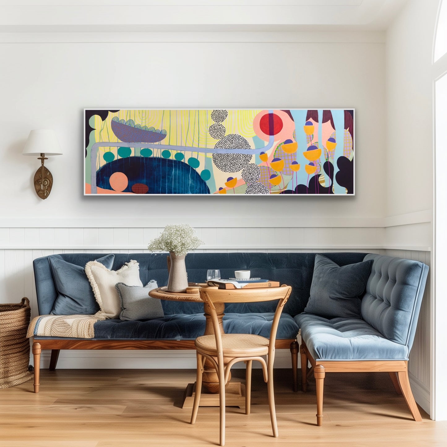 Living room with a blue sofa, wooden table, and chairs, and a colorful abstract painting on the wall.