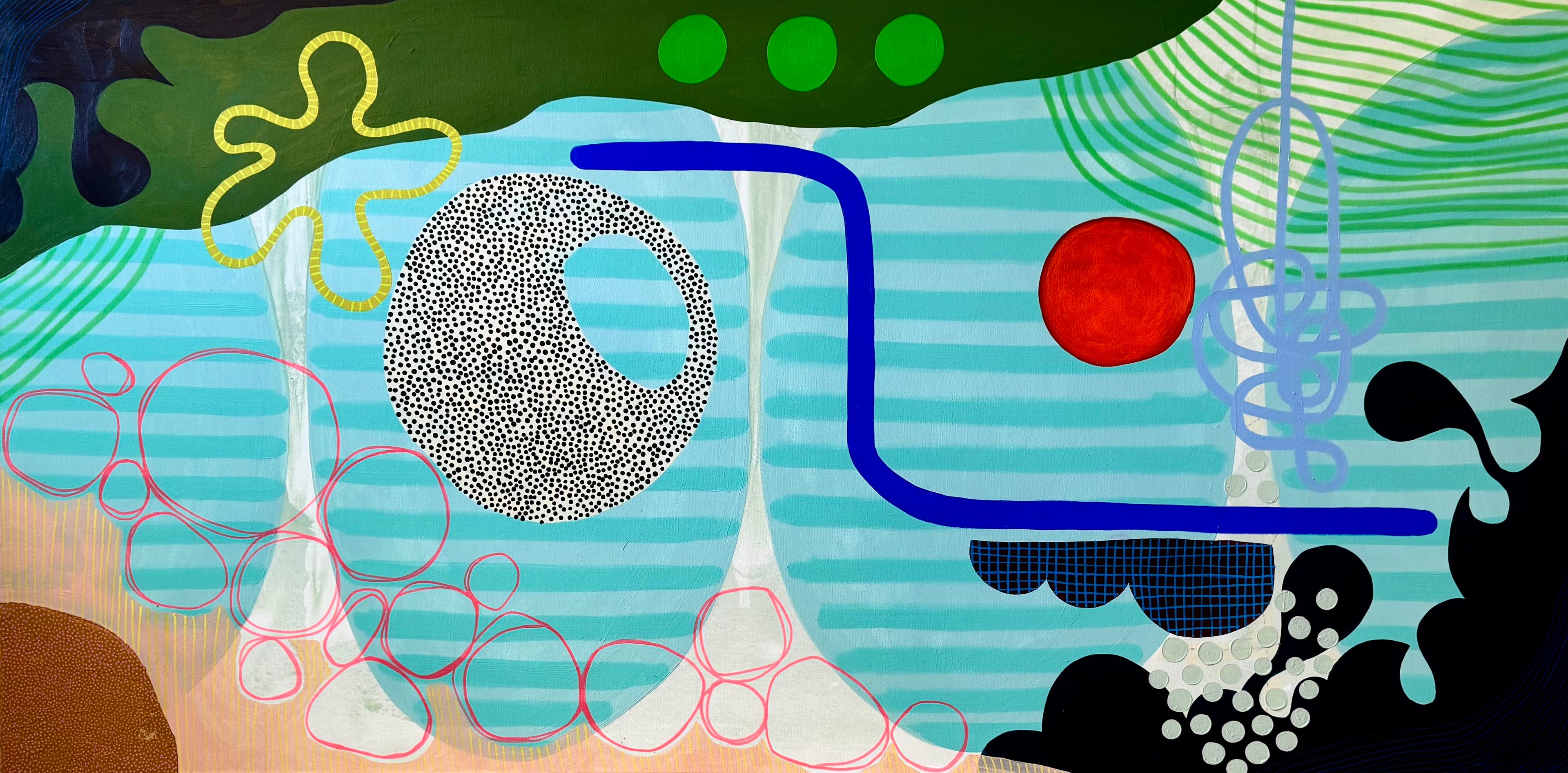 Abstract artwork with geometric shapes and patterns on a blue background