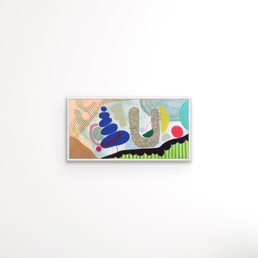 Colorful abstract art piece with geometric shapes on a white background