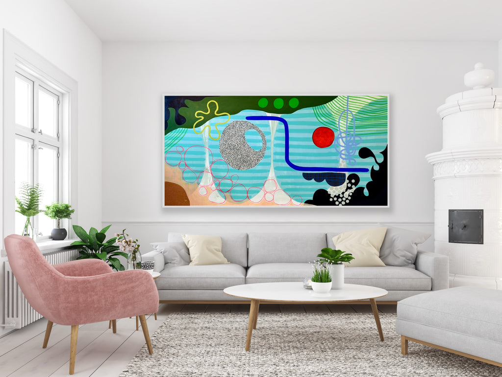 Modern living room with a colorful abstract painting on the wall.