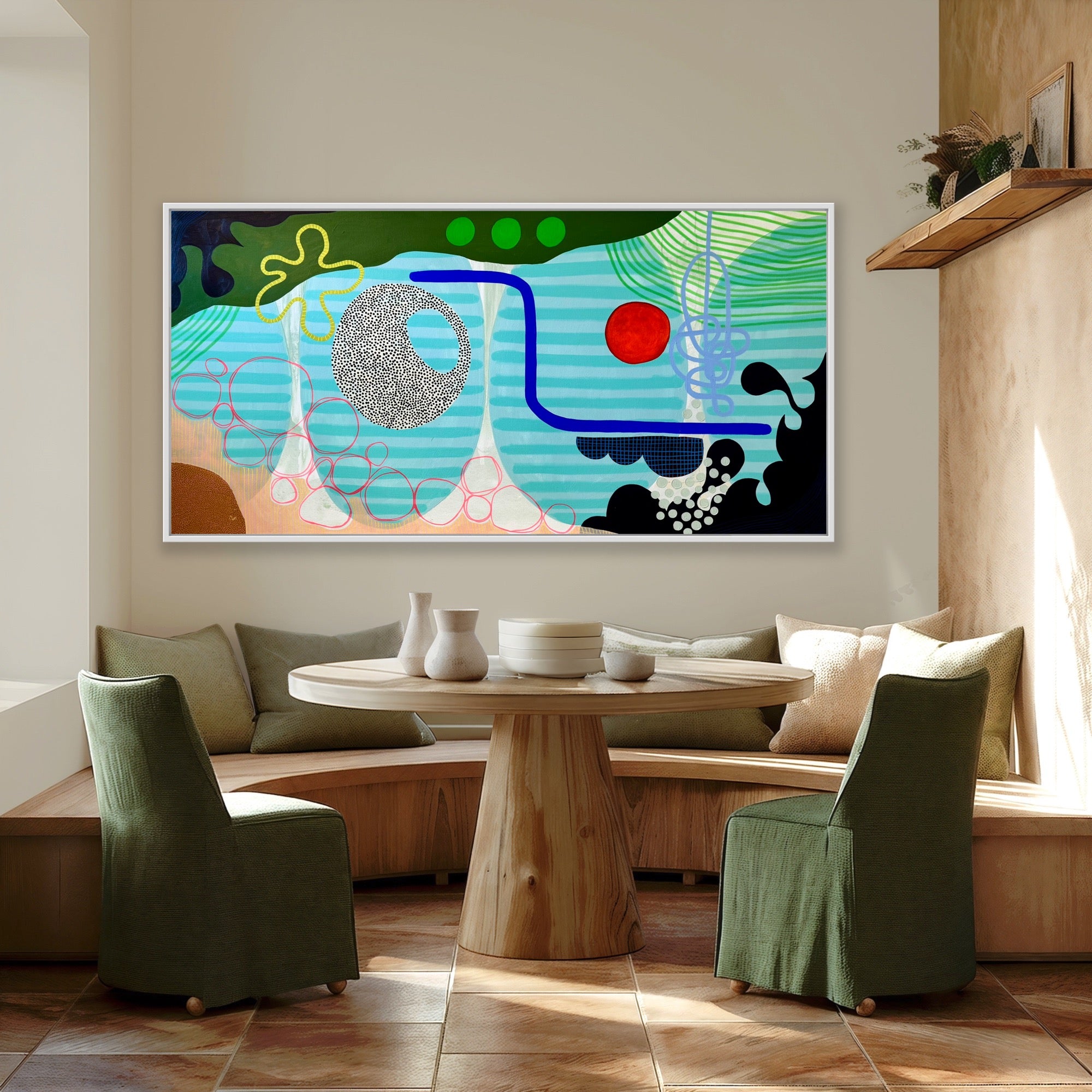 Modern living room with abstract artwork on the wall, wooden table, and green chairs.