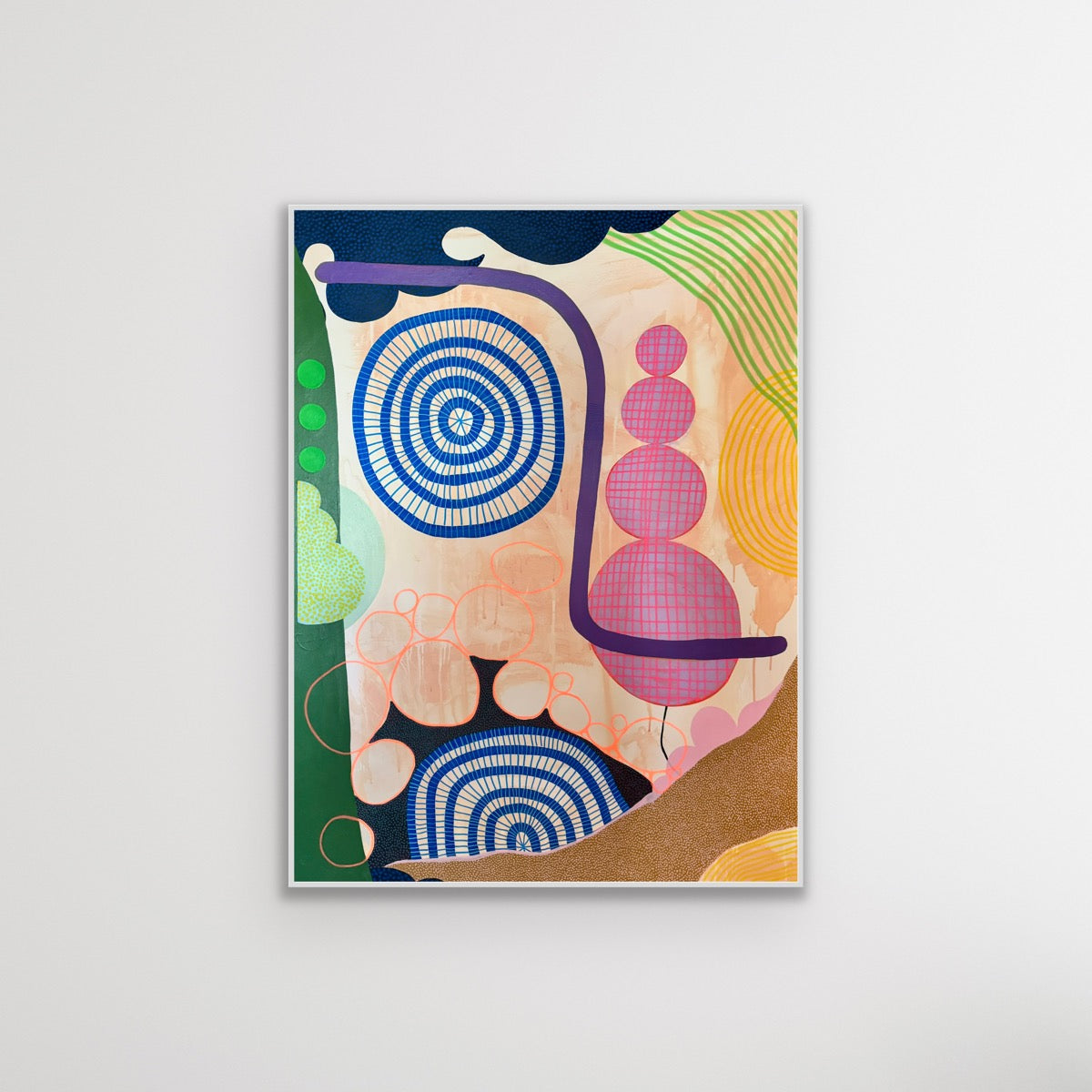 Abstract artwork with colorful shapes on a white background