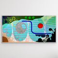 Abstract artwork with colorful shapes and patterns on a white background