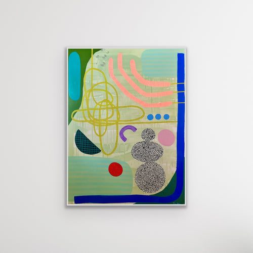 Abstract art print with colorful geometric shapes on a light gray background
