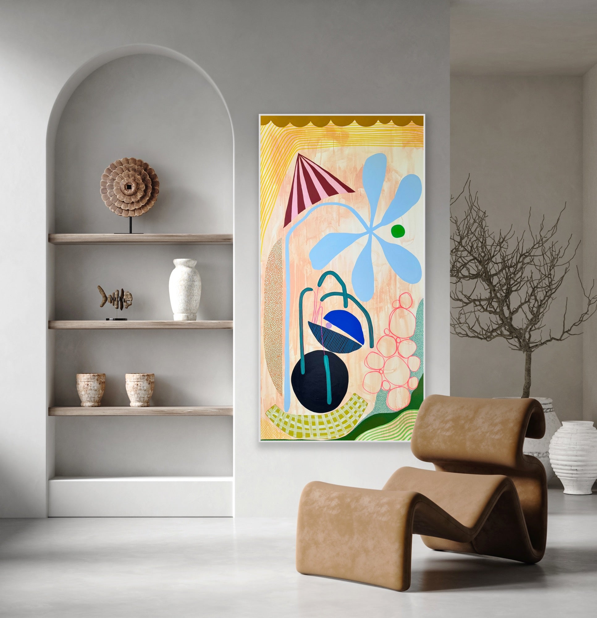 Modern interior with a colorful abstract painting, shelves with decor items, and a brown chair.