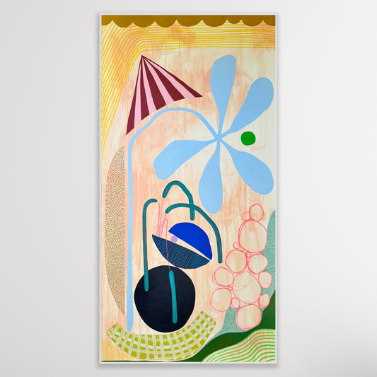 Abstract artwork with colorful geometric shapes on a white background