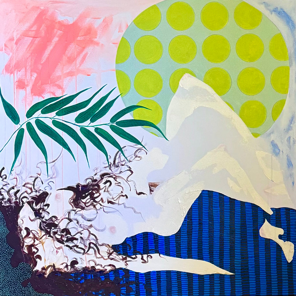 Collage with abstract shapes, polka dots, and leaves on a colorful background