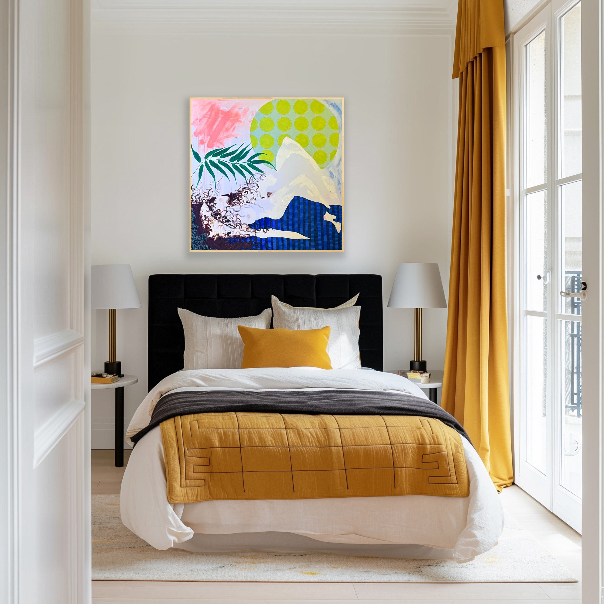 Modern bedroom with a bed, colorful artwork, and yellow curtains.