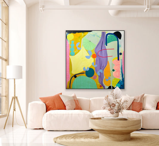 Modern living room with a colorful abstract painting on the wall.