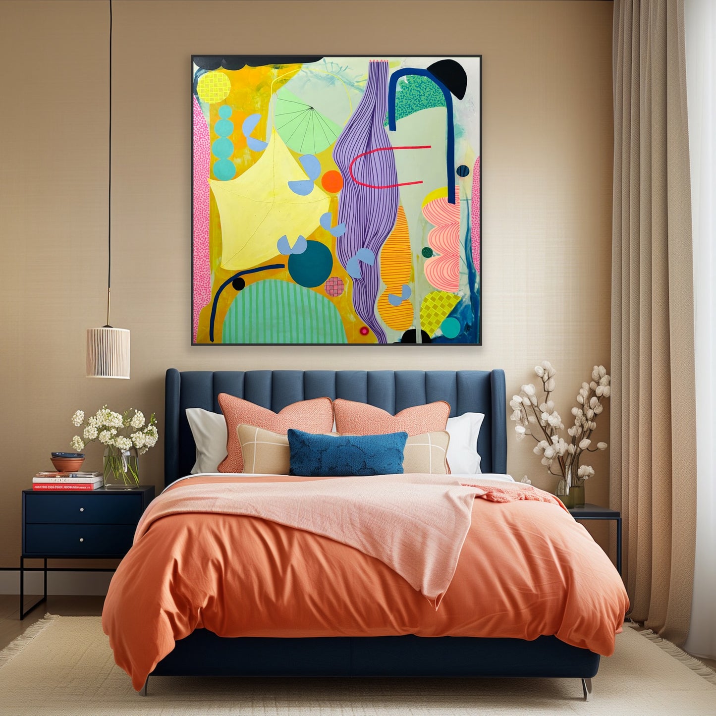 Modern bedroom with a colorful abstract painting above a bed with orange bedding.