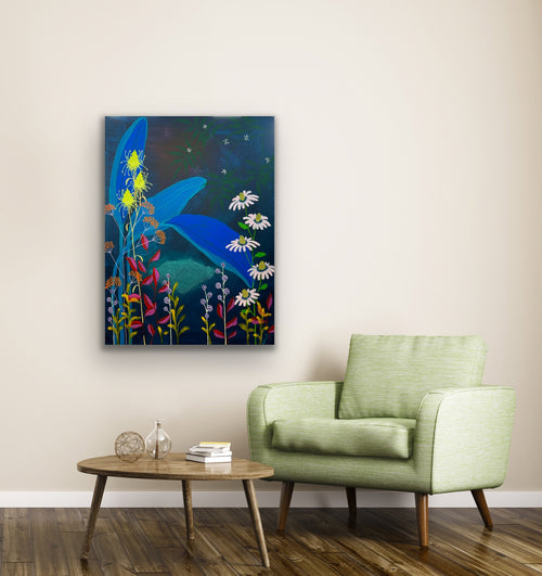 Original floral painting with dark blue background, red and yellow on stretched canvas